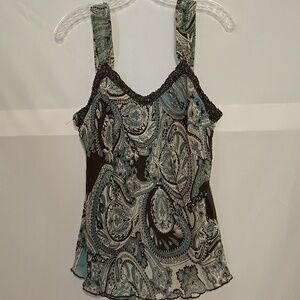 Apt.9 Tank, Blouse, Top, Sz M, Blue, Cream, Brown, Gold Trim Paisley, Lace